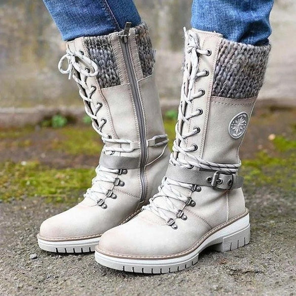 ELKee™ - Women Buckle Lace Knitted Mid-calf Boots - TumTum